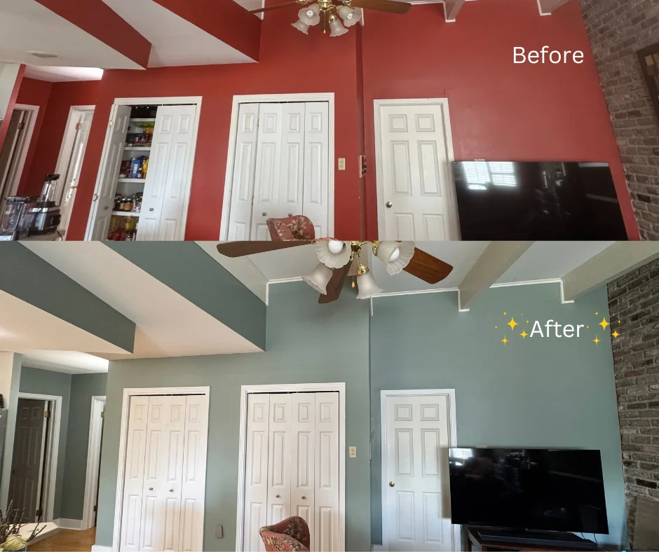 Before and after interior transformation (red to sage)