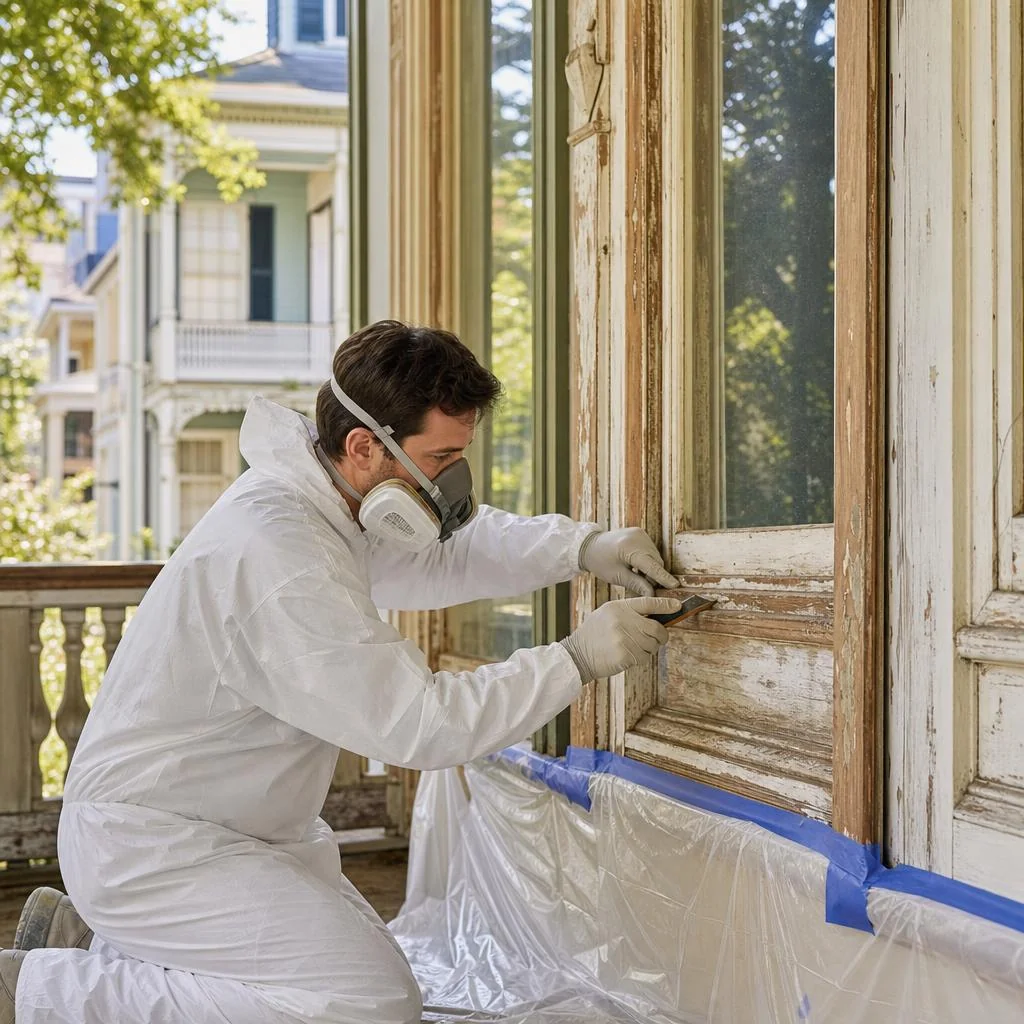 Painter using protective equipment and containment while preparing historic New Orleans woodwork